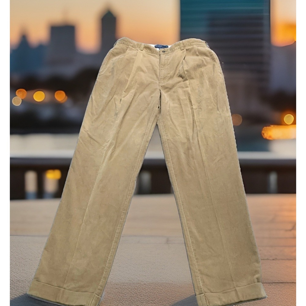 Vtg Polo Ralph Lauren Hammond Pant Corduroy Mens 36x34 Tan Pleated Cords 90s